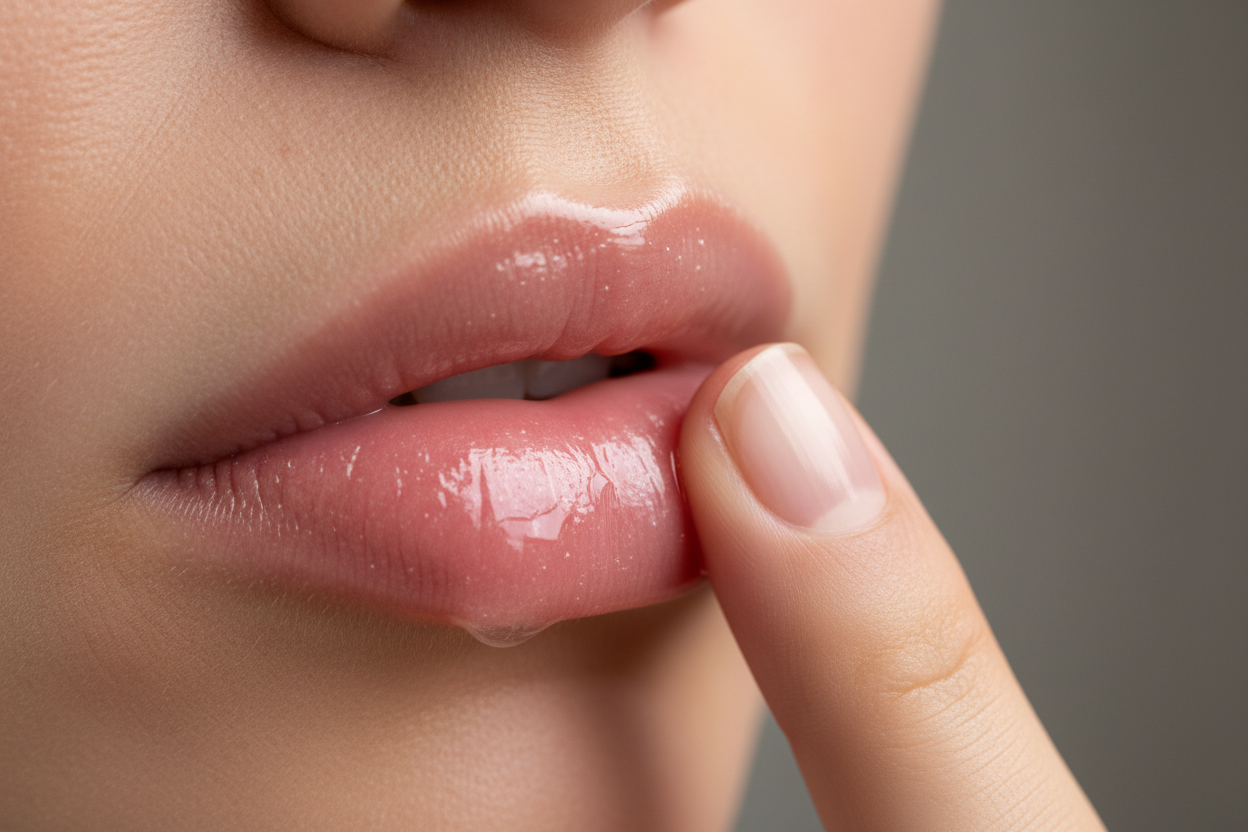 lips with gloss being applied with a finger